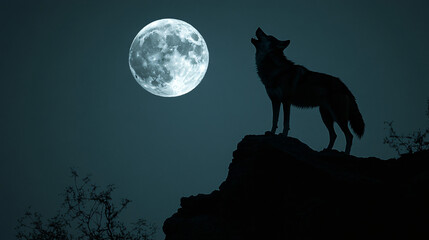 silhouette of wolf howling at full moon in the night sky - dark, moody, nature, wildlife, wilderness, forest, mountains