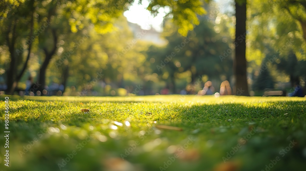 Poster Blurred background of view of lawn with trees in city park with people sitting on grass relaxing outdoors. Concept of togetherness, free time, city life, nature and parks, friends