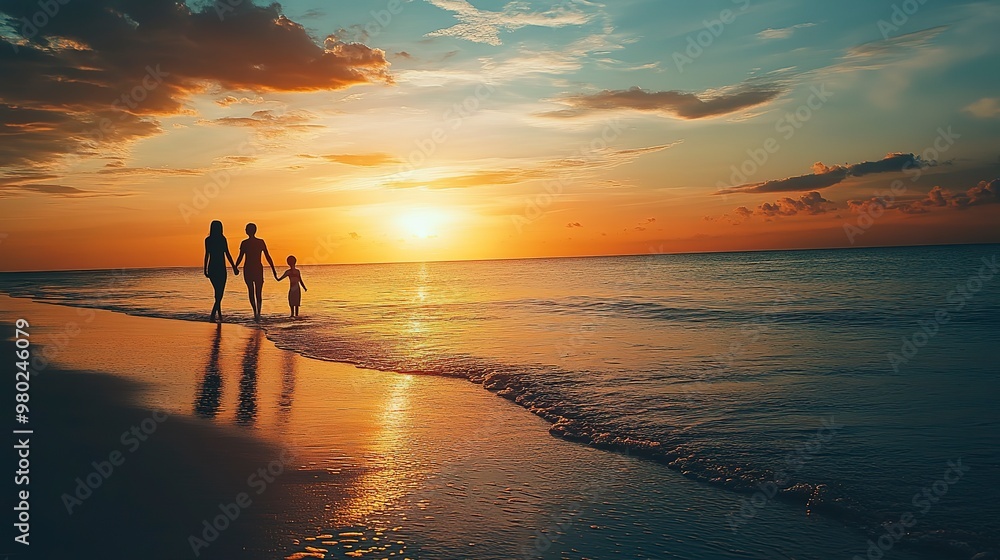 Wall mural Silhouette beach and family holding hands in sunset on a holiday or vacation at sea or ocean together Travel love and shadow of people celebrate in support freedom and bonding at night