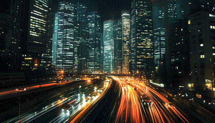 Naklejka premium A bustling city at night, with skyscrapers illuminated and traffic creating streaks of light