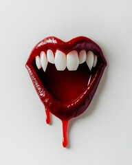 Vampire fangs dripping blood, centered on a white background