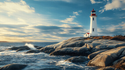 lighthouse on rocky coast with dramatic sky and waves - landscape photography