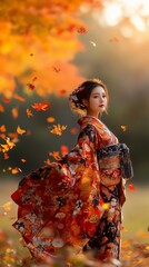 Elegant Woman in Flowing Kimono Amidst Falling Autumn Leaves in Japanese garden. Cultural and seasonal concept