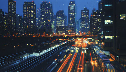 Naklejka premium A bustling city at night, with skyscrapers illuminated and traffic creating streaks of light
