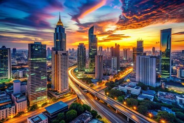 Modern cityscape of Bangkok at sunset with futuristic skyscrapers, LED lights, and high-tech infrastructure, showcasing smart city development and innovative IoT technology integration.