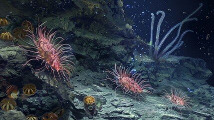 An illustration of a deep-sea habitat with unique creatures like tube worms and sea cucumbers