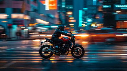 A daring motorcyclist rides through the city, embodying freedom and adventure on two wheels