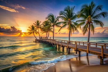Softly lit, serene beachscape features weathered wooden pier, swaying palm trees, and gentle waves, evoking a sense of tranquil relaxation and nostalgic summertime ambiance.
