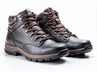 Close-up of sleek black outdoor shoes with rugged soles and laces standing upright on a clean white wall background, emphasizing texture and contrast.