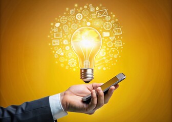 Close-up of a male hand holding a smartphone with a creative light bulb sketch, surrounded by icons, on a bright yellow background, symbolizing innovation.