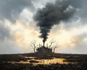 A haunting landscape featuring a desolate building emitting dark smoke against a dramatic sky, symbolizing despair and abandonment.