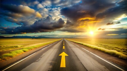 A long, straight road stretching through an arid field, the year 2025 painted in large yellow numbers on the asphalt along with an arrow pointing forward, a dramatic cloudy sky overhead, symbolizing t