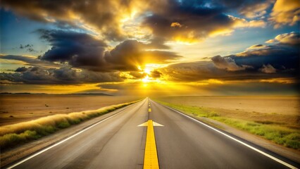 A long, straight road stretching through an arid field, the year 2025 painted in large yellow numbers on the asphalt along with an arrow pointing forward, a dramatic cloudy sky overhead, symbolizing t