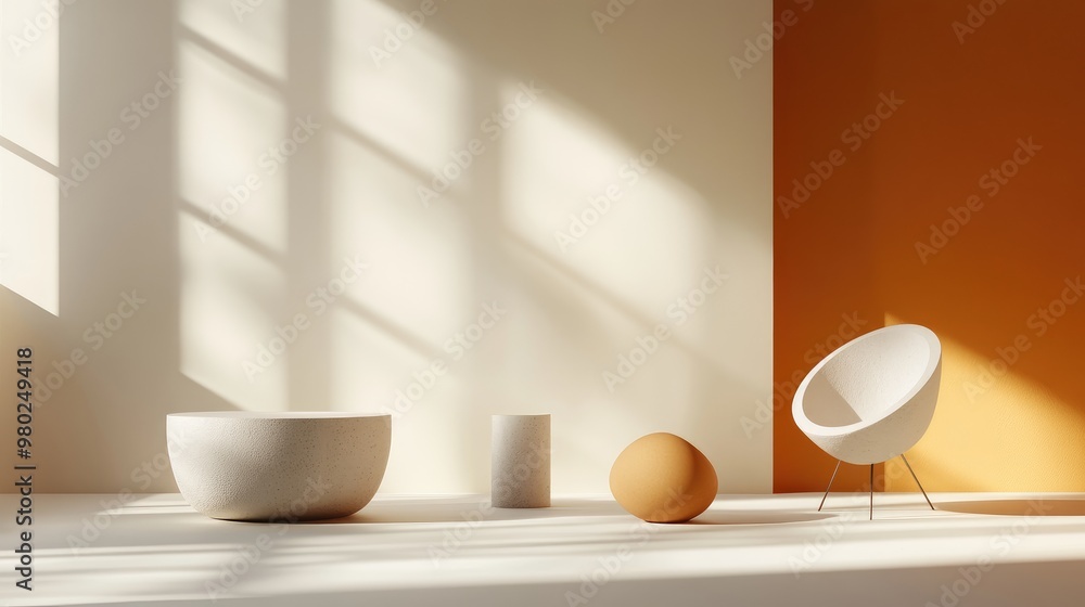 Poster 3d rendering of abstract forms in a minimalist scene, offering space for text, with no people or log