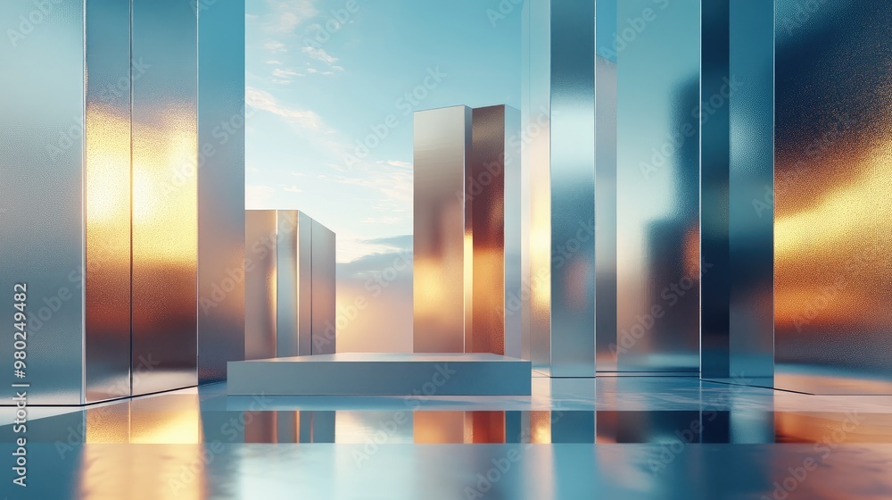 Fototapete 3d rendering of abstract shapes with metallic textures, set against a minimalist futuristic backgrou