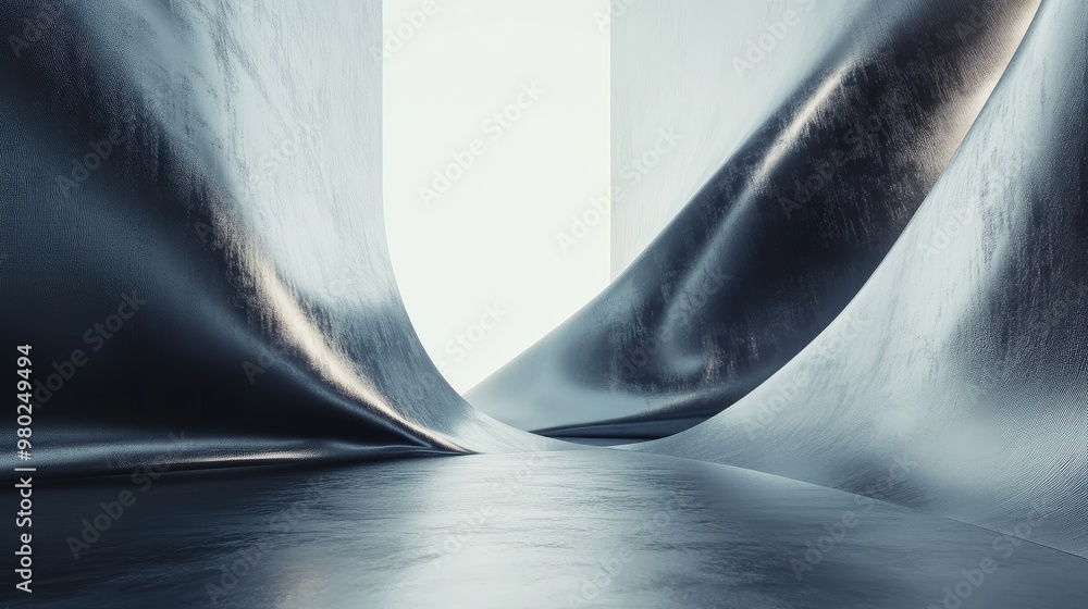 Fototapete 3d rendering of abstract shapes with metallic textures, set against a minimalist futuristic backgrou