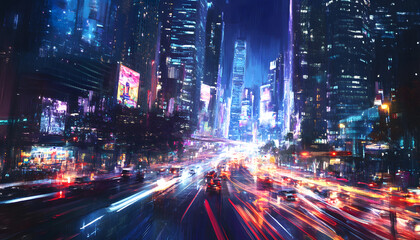 Fototapeta premium A bustling city at night, with skyscrapers illuminated and traffic creating streaks of light