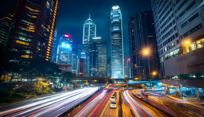 Obraz premium A bustling city at night, with skyscrapers illuminated and traffic creating streaks of light