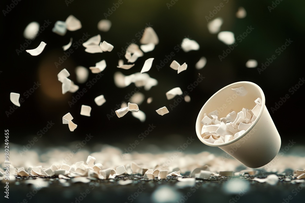 Poster a scattered collection of white paper shreds around an overturned cup, creating a dynamic and artist
