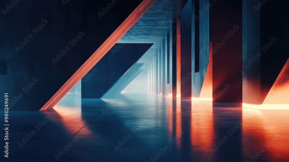 Poster 3d rendering of sleek, abstract geometric forms, set against a minimal futuristic background with te