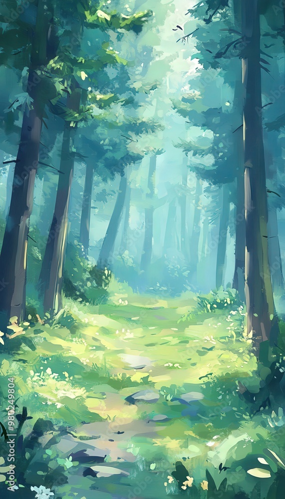 Poster a serene forest path illuminated by soft light, surrounded by vibrant greenery and towering trees, p
