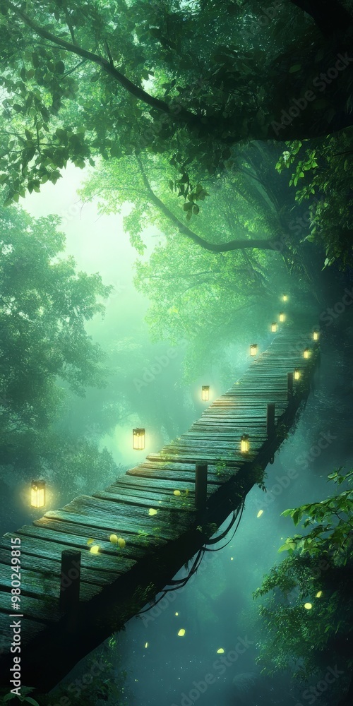 Poster a serene forest pathway illuminated by soft lanterns, inviting exploration amidst lush greenery and 