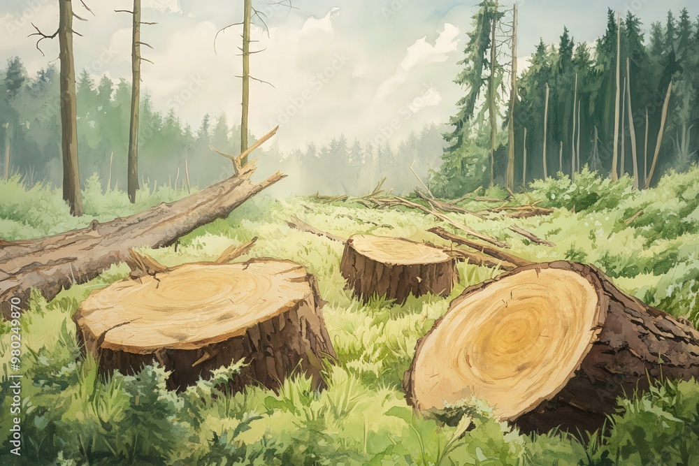Poster a serene forest scene featuring tree stumps surrounded by lush greenery and tall trees under a soft 