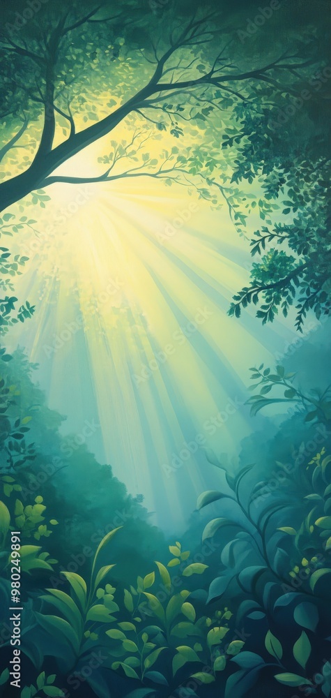 Poster a serene forest scene with soft rays of sunlight filtering through lush, green foliage, creating a p
