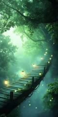 Fototapeta premium A serene forest pathway illuminated by soft lanterns, inviting exploration amidst lush greenery and ethereal fog.