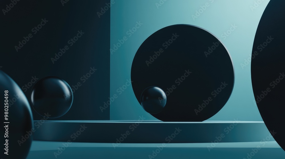 Fototapete abstract 3d shapes floating on a sleek, futuristic background, ideal for text placement. no people o