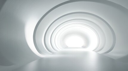 Abstract 3D rendering of a white curved tunnel with minimalistic design, creating a modern, clean space. No people or logos.