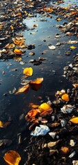 A serene waterway scattered with vibrant orange petals and debris, capturing a blend of natural beauty and urban pollution.