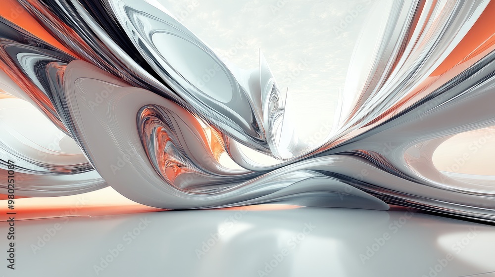 Poster complex 3d abstract forms against a futuristic, empty background. ample text space, no people or log