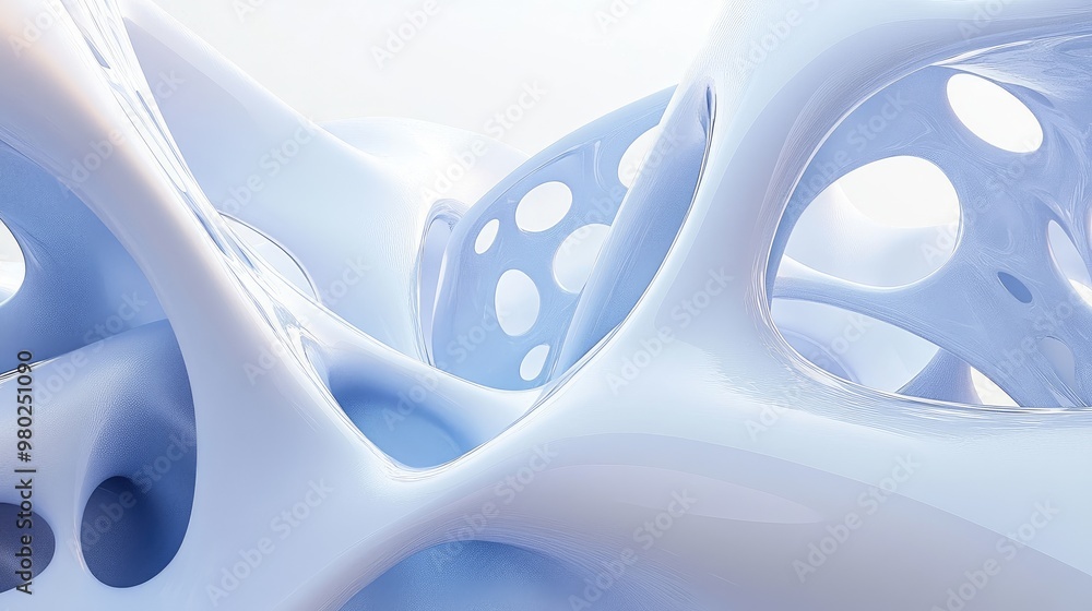 Poster complex 3d abstract forms against a futuristic, empty background. ample text space, no people or log