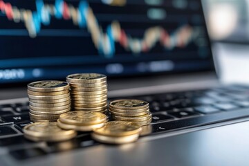 Global recession and financial crisis in 2023 concept, reduced coins placed on laptop. Screen background showing stock market graphs, with generative ai