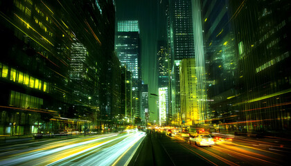 Fototapeta premium A bustling city at night, with skyscrapers illuminated and traffic creating streaks of light