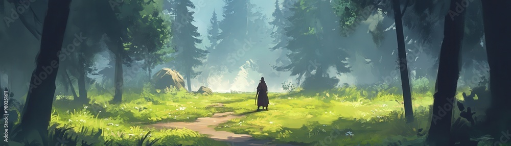 Poster a tranquil forest path illuminated by soft light, inviting solitude and reflection amidst nature's s
