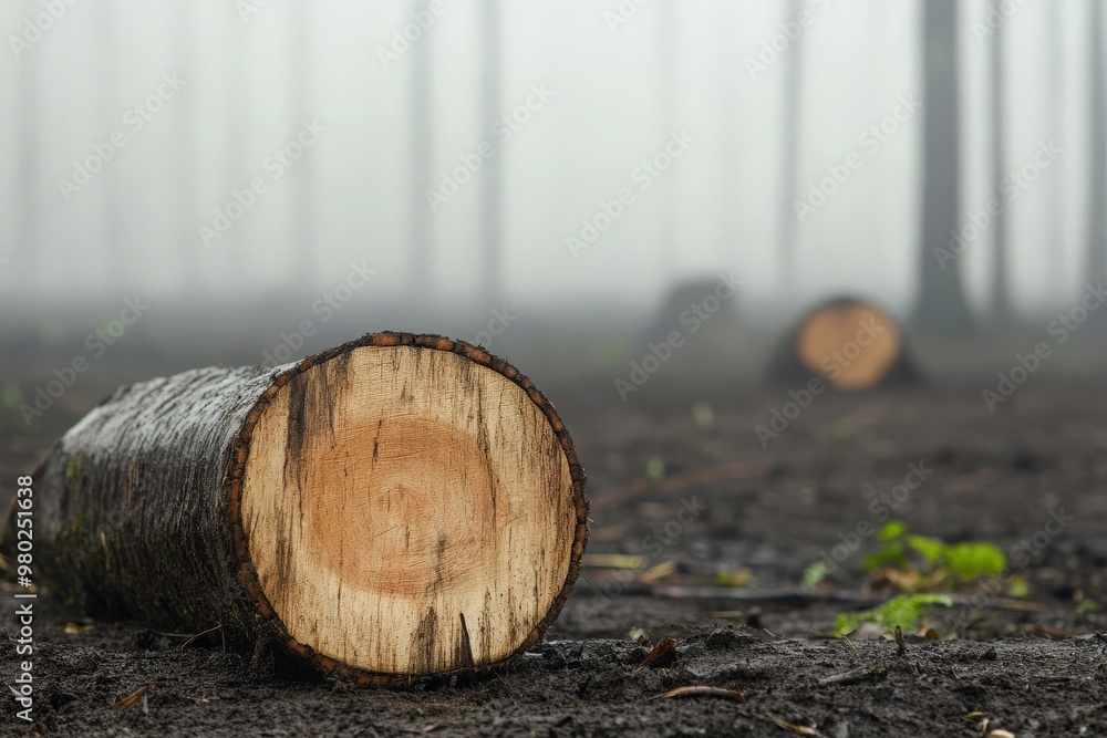 Poster a tranquil scene depicting a log resting on the forest floor shrouded in fog, creating a serene and 