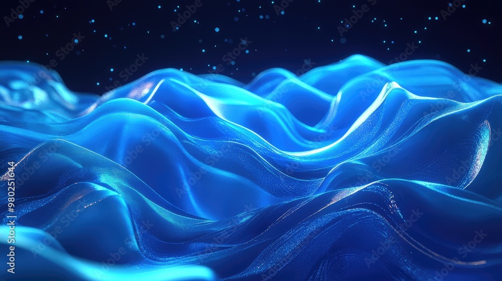 Poster dynamic 3d blue waves created by ai on a sleek abstract background, evoking a futuristic atmosphere.