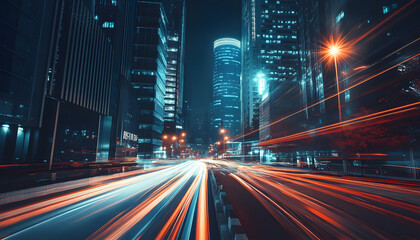 Obraz premium A bustling city at night, with skyscrapers illuminated and traffic creating streaks of light