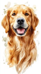 Fototapeta premium Golden Retriever illustrated in watercolor style, capturing its friendly expression and fluffy coat with soft, flowing brushstrokes.