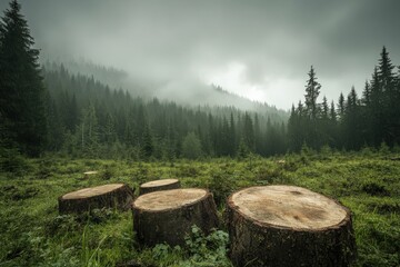 Fototapeta premium A tranquil forest scene with misty mountains in the background, showcasing tree stumps among lush greenery and silent beauty.