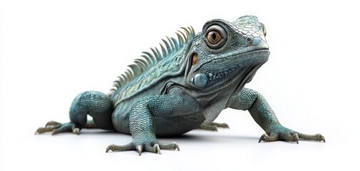 Fototapeta premium A vibrant blue lizard posing gracefully on a white background. Perfect for wildlife themes and educational materials.