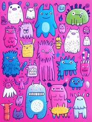a collection of coloful cute little monsters and funny cute comic charactoers 
