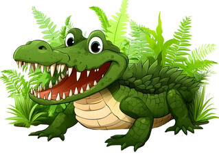 Obraz premium A playful cartoon crocodile surrounded by lush green ferns, showcasing big eyes and a friendly smile in a vibrant jungle setting.