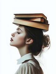 A woman with books balanced on her head, showcasing creativity and intelligence in a minimalist artistic portrait.