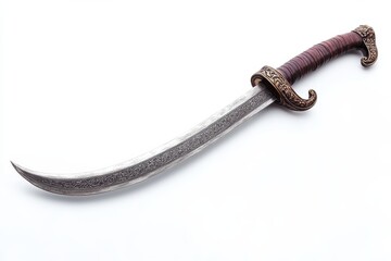 Obraz premium A pirate sword with a curved blade and ornate hilt, displayed on a white background, ideal for use in stock photos for weapons or costume accessories