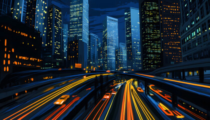Fototapeta premium A bustling city at night, with skyscrapers illuminated and traffic creating streaks of light