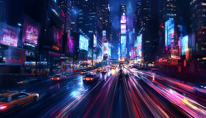 Obraz premium A bustling city at night, with skyscrapers illuminated and traffic creating streaks of light