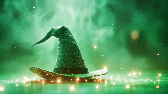 Sparkly green witch hat materializes in a cloud of shimmering green smoke on a glittery surface. Ideal for enhancing halloween themed projects and adding a touch of magic